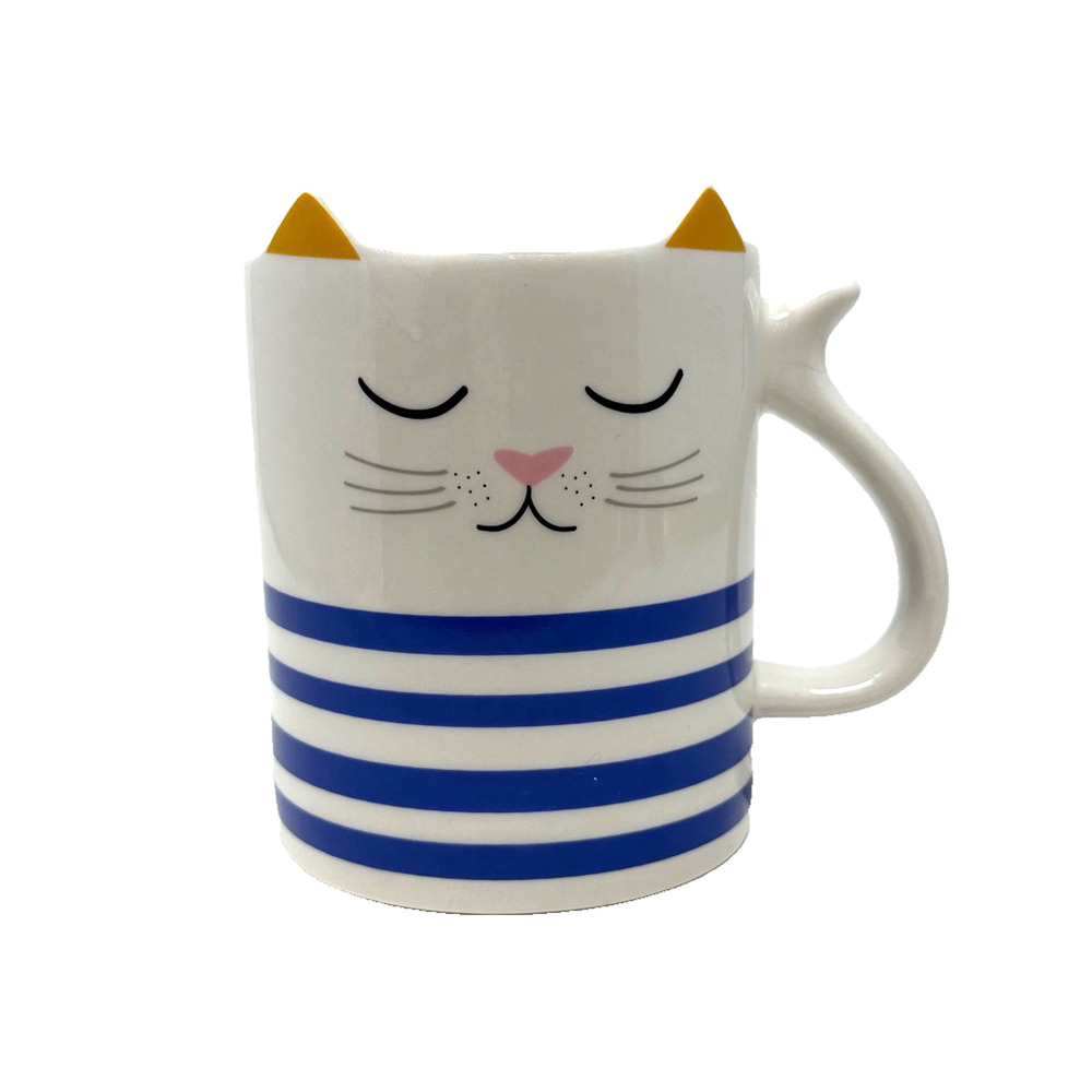 Parker Lane Cat Face Coffee Mug Blue Stripes Tail Handle Ceramic 4.75in